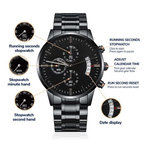 Engraved Black Chronograph Watch - Gift for men www.gemmacraft.com