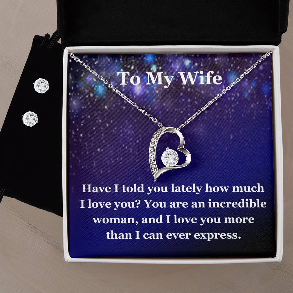 To My Wife Forever Love Necklace + Clear CZ Earrings  www.gemmacraft.com. Best gift to wife